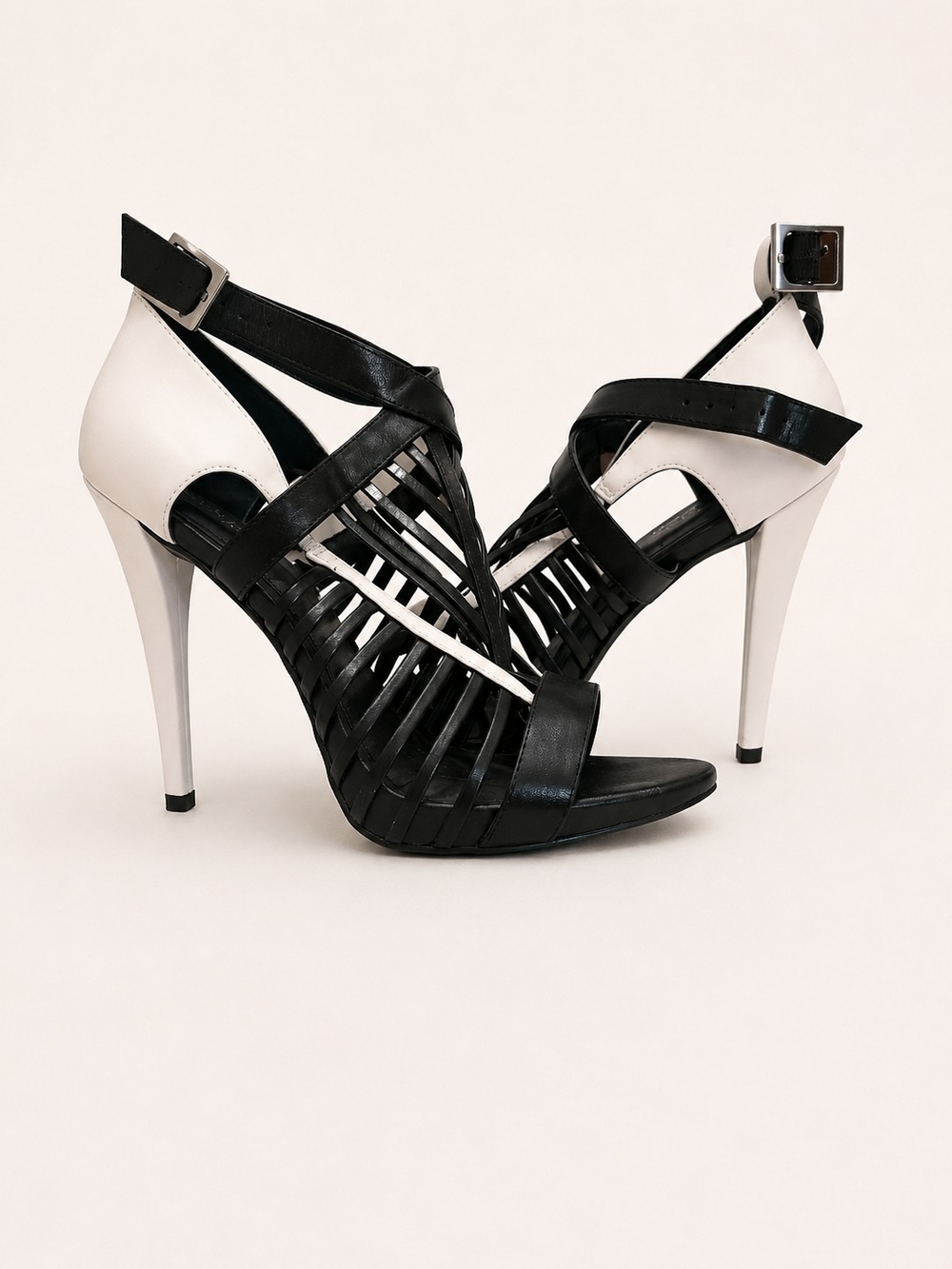 Calvin Klein Black and White Strappy Stiletto Sandals
